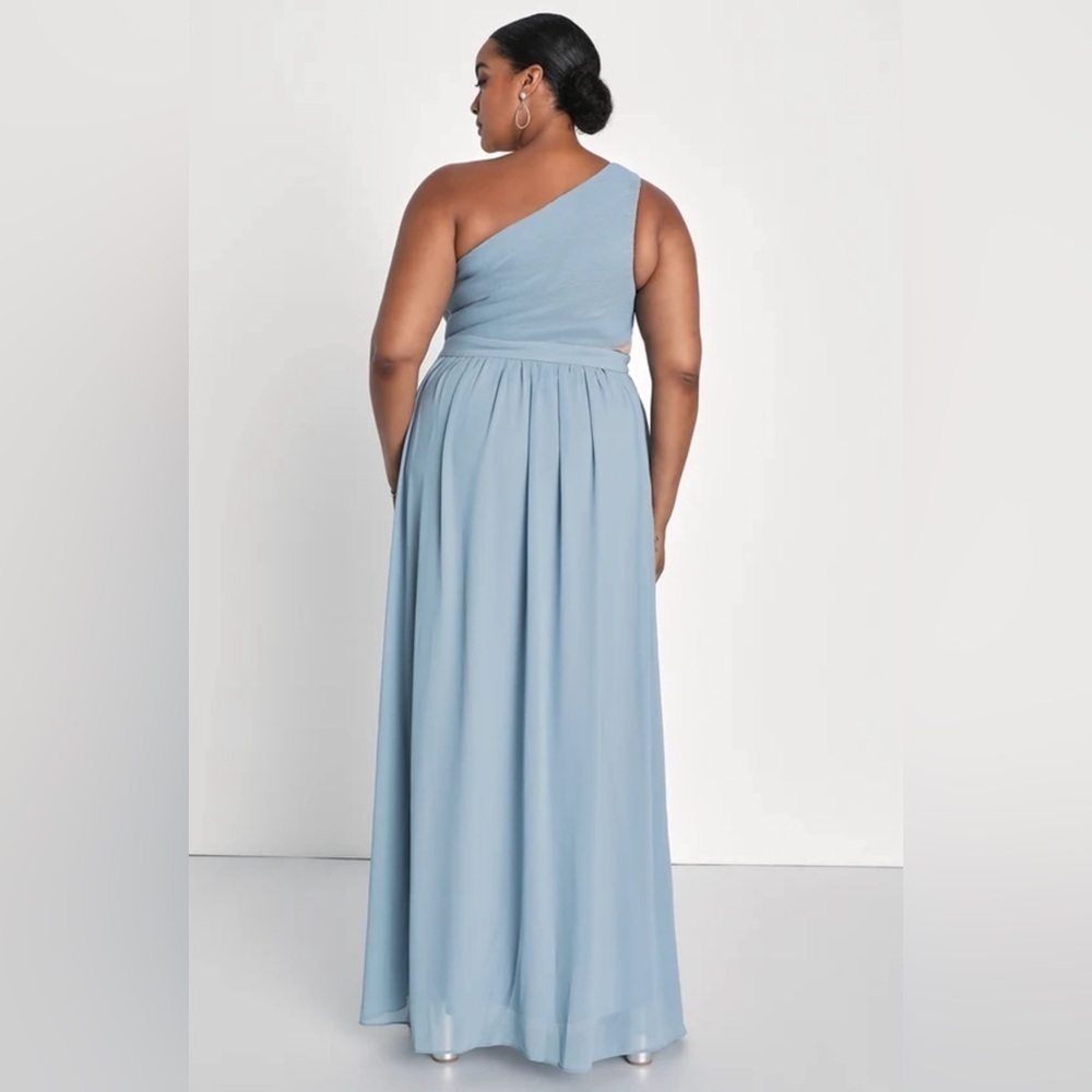 Lulu’s Lovely Endings Dusty Blue One-Shoulder Pleated Maxi Dress‎ Dusty Blue 1X - Picture 3 of 12